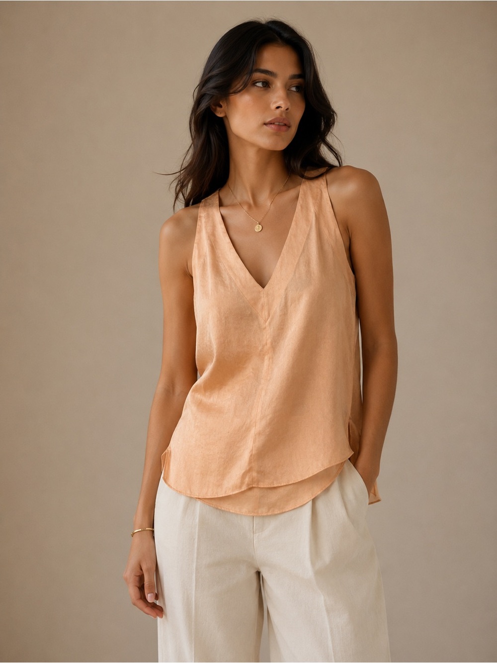 DKNY Peach V-Neck Linen-Blend Sleeveless Hi-Low Hem Blouse Size Large NWT